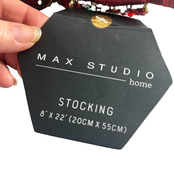 Max Studio Beaded Christmas Stocking Red 22" Holiday New Plaid Look - Picture 4 of 6